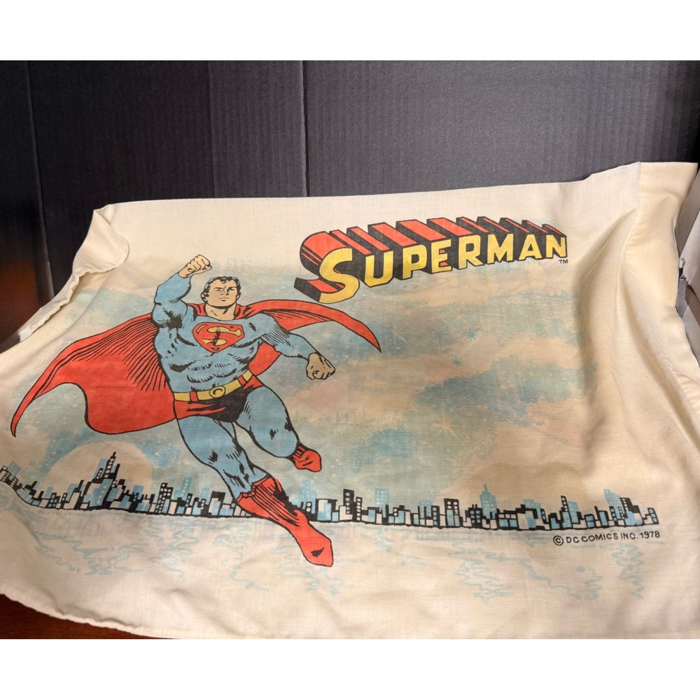 Vintage 1978 Superman Pillowcase DC Comics Metropolis Skyline Retro Bedding